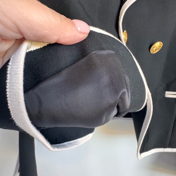FRAME Contrast-Trim Double-Breasted Blazer Women 10 Black White Wool Sailor gold - Picture 9 of 16